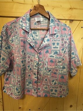 Sigrid Olsen Pink & Teal Printed Short-Sleeve Button-Front Shirt/Sleepwear